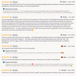 May include: A collection of five-star customer reviews for a Mongolian lamb fur product from an Etsy shop. The text includes feedback from buyers named Tammy, brandy, Harold, Albie, and Veronica, along with written responses from the seller, Emine.