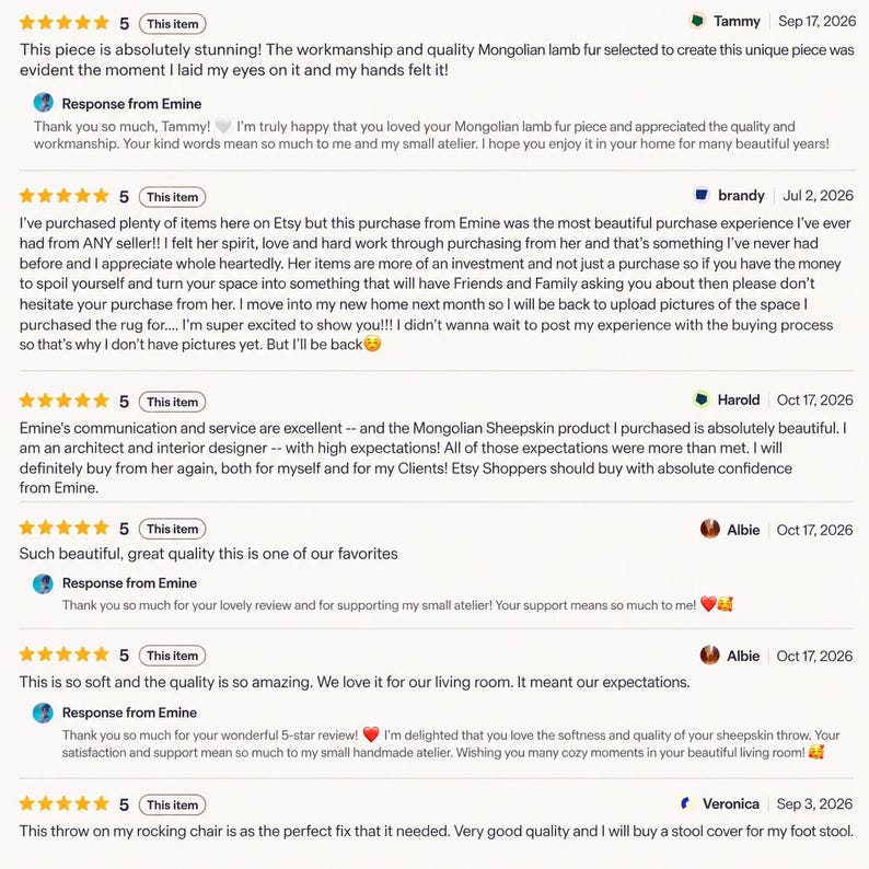 May include: A collection of five-star customer reviews for a Mongolian lamb fur product from an Etsy shop. The text includes feedback from buyers named Tammy, brandy, Harold, Albie, and Veronica, along with written responses from the seller, Emine.