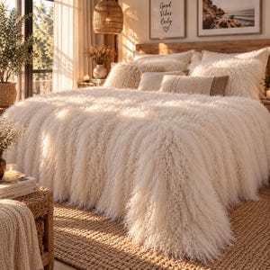 May include: A cream-colored shaggy faux fur bedspread covers a bed with multiple pillows. The bedding features a long, textured pile. Two rectangular accent pillows with a woven pattern sit in front of the larger, fluffy pillows on the bed.