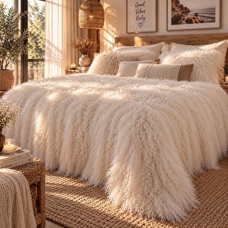 May include: A cream-colored shaggy faux fur bedspread covers a bed with multiple pillows. The bedding features a long, textured pile. Two rectangular accent pillows with a woven pattern sit in front of the larger, fluffy pillows on the bed.