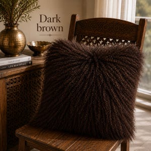 May include: A square dark brown throw pillow with a long, curly, shaggy texture. The pillow is positioned on a wooden chair. The text "Dark brown" is visible above the pillow, along with the book titles "THIS IS HOME" and "LIVE BEAUTIFULLY."