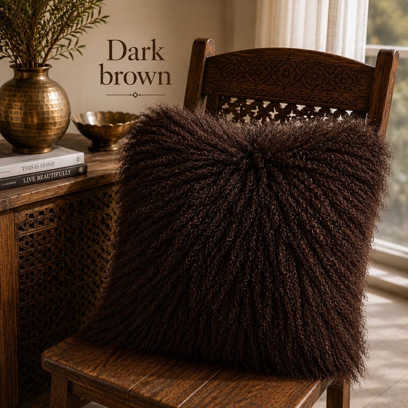 May include: A square dark brown throw pillow with a long, curly, shaggy texture. The pillow is positioned on a wooden chair. The text "Dark brown" is visible above the pillow, along with the book titles "THIS IS HOME" and "LIVE BEAUTIFULLY."