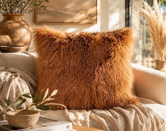 Mongolian Lamb fur Pillow,Tibetan sheepskin Personalized Farmhouse Decor,Fluffy Soft Scandinavian Style home