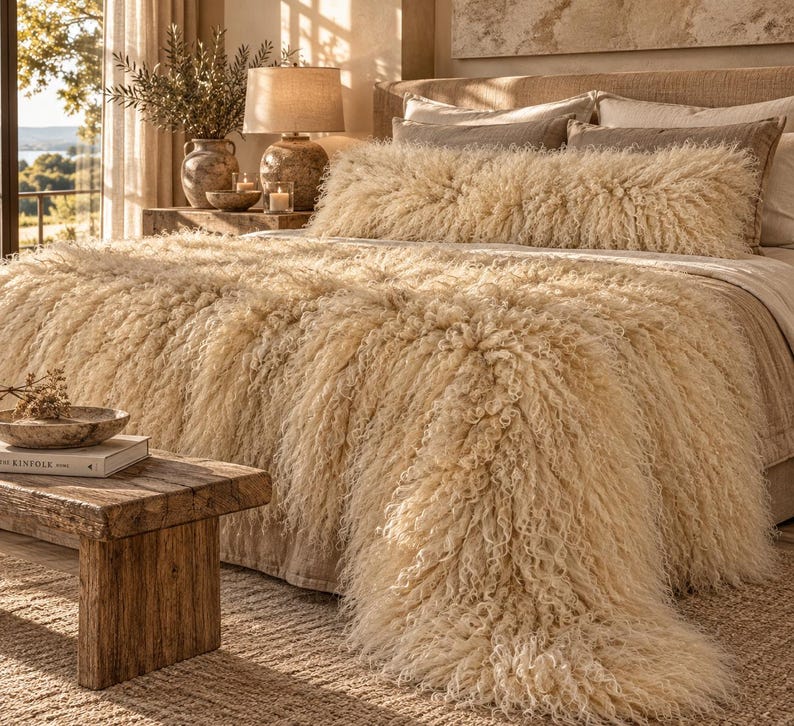 May include: A cream-colored, long-pile shaggy throw blanket draped over a bed, accompanied by a matching long rectangular bolster pillow. The texture is dense and curly, covering the surface of the bed in a soft, layered appearance.
