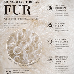 May include: Off-white Mongolian Tibetan fur with a curly, soft texture. The image includes text: MONGOLIAN TIBETAN FUR, WE USE THE FINEST QUALITY FUR, 1ST GRADE MONGOLIAN TIBETAN FUR, NOT MADE IN CHINA, EACH FUR IS ONE OF A KIND, MANUFACTURED WITH THE BEST TECHNOLOGY IN TURKEY, NATURAL, PREMIUM AND TRUSTED.