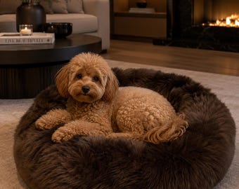 May include: A small, light brown curly-haired dog resting inside a round, dark brown faux fur pet bed. The bed has a thick, plush texture and a circular shape, providing a soft surface for the dog to lie down on while facing the camera directly.