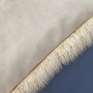 May include: A light beige cushion cover featuring a smooth, matte faux leather surface on one side and a thick, long-pile cream-colored faux fur trim along the edge. The texture of the material is visible, showing a subtle grain on the leather.