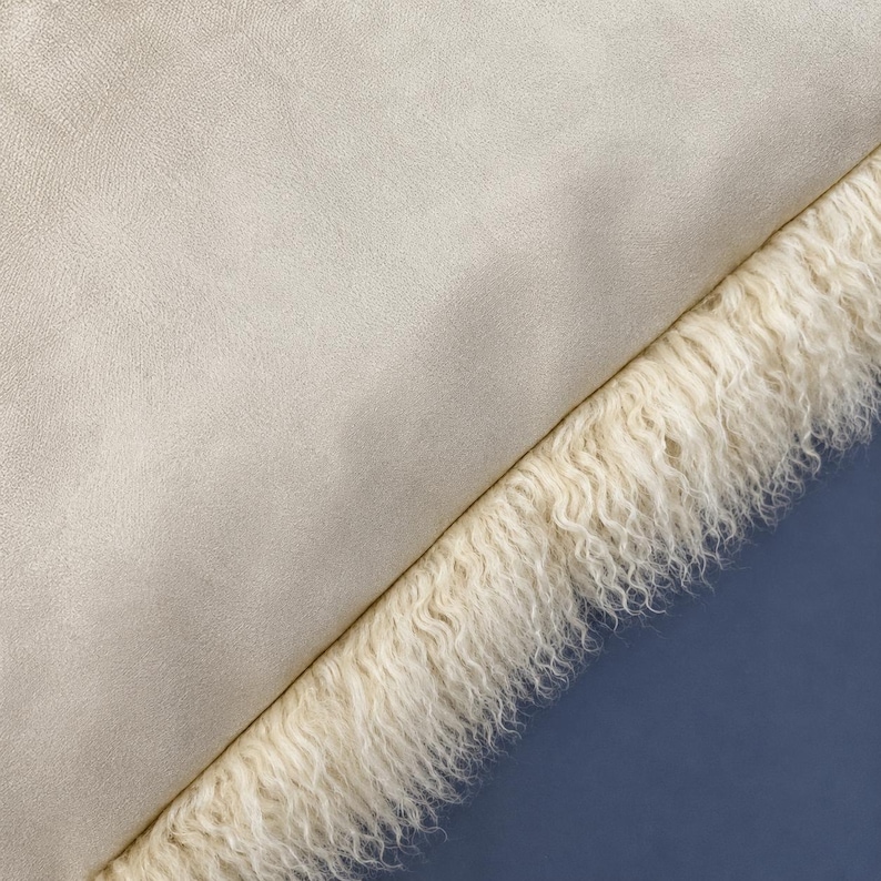May include: A light beige cushion cover featuring a smooth, matte faux leather surface on one side and a thick, long-pile cream-colored faux fur trim along the edge. The texture of the material is visible, showing a subtle grain on the leather.