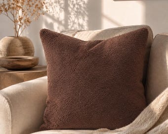Genuine Shearling Sheepskin Pillow Cover Soft Merino Wool Cushion Brown Ivory Hygge Home Decor