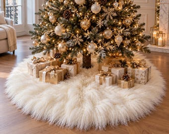 Scandinavian Genuine Sheepskin Christmas Tree Skirt, Rustic Farmhouse Decor, Red Green Grey White Burgundy Blue Pink, Customizable