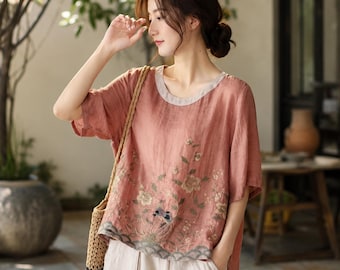 Geborduurde blouse van linnenmix, boho bloemenprint zomertop, losvallend vakantieshirt, ronde hals top met geborduurd patchwork, cadeau voor vrouwen