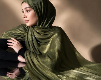 Lenço Hijab de Chiffon Luxuoso, Xale Leve e Brilhante, Elegante Lenço de Cabeça Muçulmano, Envoltório Hijab Transparente, Estilo Antiderrapante, Presente Ideal para Ela