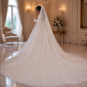 May include: A floor-length white wedding veil featuring an all-over shimmering glitter finish. The sheer fabric drapes from the head, extending into a wide, circular train that spreads across the floor, creating a sparkling effect throughout.