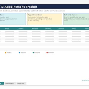 May include: A digital interface for a client and appointment tracker. The interface includes sections for client database, appointment book, and follow-up tracker. The color-coded design uses green, yellow, and blue to indicate status. The text reads "Client & Appointment Tracker."