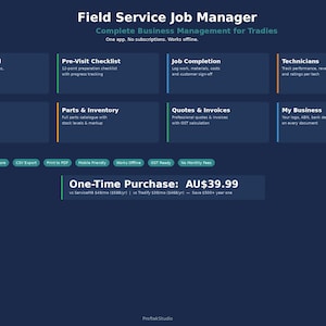 Puede incluir: Interfaz digital para un gestor de trabajos de servicio de campo, con secciones para despacho, listas de verificación, finalización de trabajos y gestión de clientes. La interfaz está sobre un fondo azul oscuro con texto blanco y acentos verdes y naranjas.