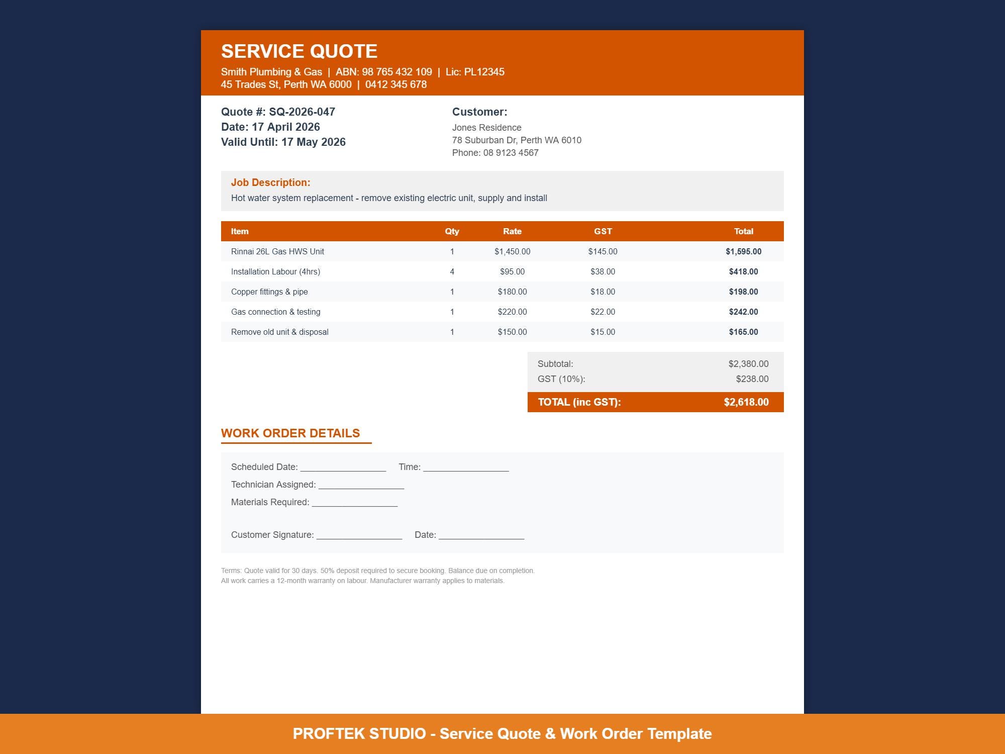 Work Order Quotation Model Service Quote Work Order Excel Template | Australian GST ABN Trades - Etsy