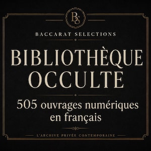 Puede incluir: Un gráfico digital negro con el texto BACCARAT SELECTIONS, BIBLIOTHÈQUE OCCULTE, 505 ouvrages numériques en français y L'ARCHIVE PRIVÉE CONTEMPORAINE, enmarcado por un borde con lomos de libros visibles en los bordes izquierdo y derecho.