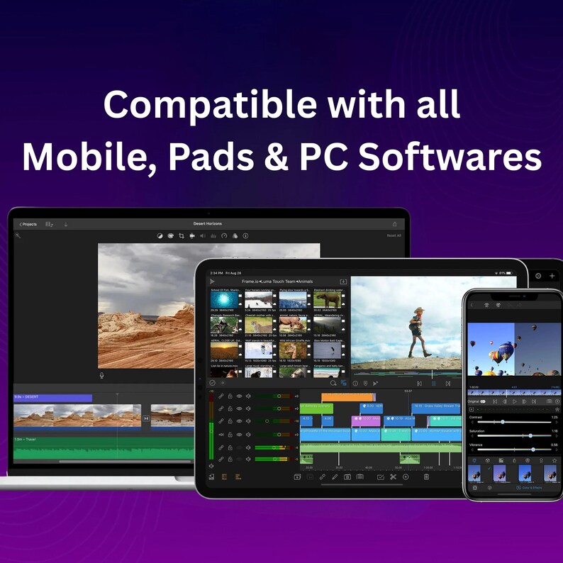 Może przedstawiać: Laptop, tablet i smartfon wyświetlają interfejsy oprogramowania do edycji wideo. Ekrany pokazują osie czasu wideo i podglądy krajobraz&oacute;w i ujęć z powietrza. U g&oacute;ry znajduje się tekst: "Kompatybilny ze wszystkimi oprogramowaniami mobilnymi, Padami i PC."