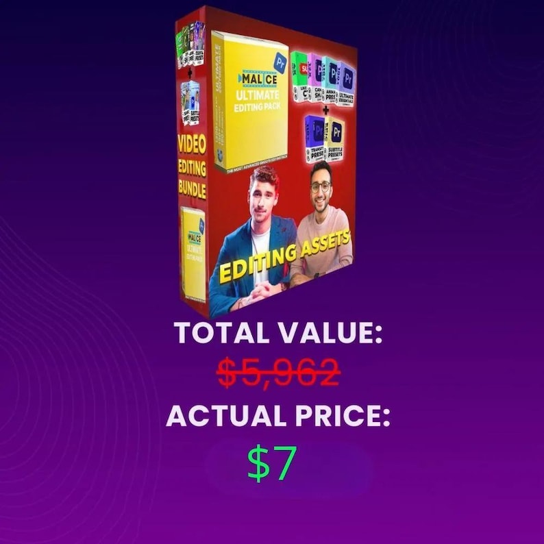 Może przedstawiać: Pakiet do edycji wideo z tekstem "MALICE ULTIMATE EDITING PACK" na ż&oacute;łtym pudełku. Obraz zawiera r&oacute;wnież tekst "VIDEO EDITING BUNDLE" i "EDITING ASSETS". Całkowita wartość to 5962 $, a rzeczywista cena to 7 $.