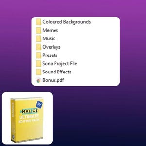 Może przedstawiać: Ż&oacute;łte pudełko z napisem "MALICE ULTIMATE EDITING PACK" i logo "Pr", a także lista typ&oacute;w plik&oacute;w cyfrowych, takich jak "Coloured Backgrounds", "Memes" i "Music". Obraz sugeruje zas&oacute;b do edycji wideo.