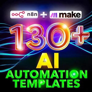 May include: A digital graphic with the text "n8n + make" and "130+ AI AUTOMATION TEMPLATES". The numbers and plus sign are in a glowing orange and white color, with the text "AI" in yellow and the rest in green.