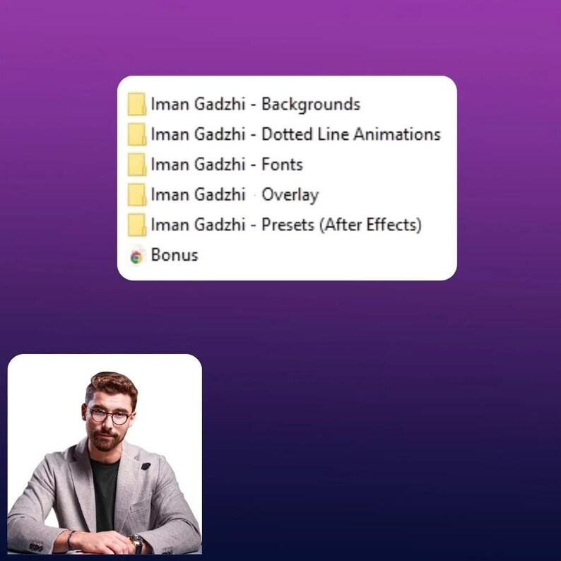 Może przedstawiać: Grafika cyfrowa z białym, zaokrąglonym prostokątem zawierającym tekst: "Iman Gadzhi - Backgrounds", "Iman Gadzhi - Dotted Line Animations", "Iman Gadzhi - Fonts", "Iman Gadzhi Overlay", "Iman Gadzhi - Presets (After Effects)" i "Bonus". Zdjęcie portretowe mężczyzny w okularach i marynarce znajduje się w lewym dolnym rogu.