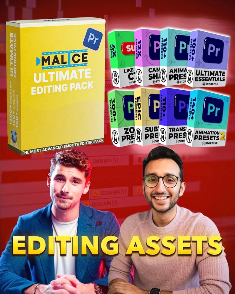 Może przedstawiać: Obraz zasob&oacute;w do edycji wideo. Zawiera pudełka z napisami "Ultimate Editing Pack" i "Presets". Dw&oacute;ch mężczyzn i tekst "Editing Assets" znajduje się na dole obrazu.