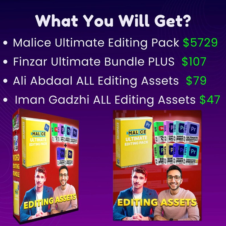 Może przedstawiać: Obraz przedstawia dwa pakiety produkt&oacute;w: "Malice Ultimate Editing Pack" i "Finzar Ultimate Bundle PLUS". Wymienia r&oacute;wnież "Ali Abdaal ALL Editing Assets" i "Iman Gadzhi ALL Editing Assets". Tekst "What You Will Get?" znajduje się na g&oacute;rze.