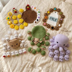 6 Häkelmuster für ein Memory-Spiel in 1: Schildkröte, Huhn mit Küken und Eiern, Oktopus, Marshmallows für heiße Schokolade, Milchglas und Kekse (sofortiger Download als PDF)