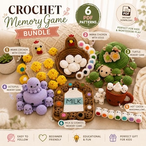 6-in-1 Häkel-Memory-Spielanleitungen: Schildkröte, Huhn mit Küken und Eiern, Oktopus, Marshmallows für heiße Schokolade, Milchglas und Kekse, Sofort-PDF