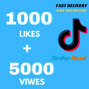 May include: A blue graphic with the text "1000 LIKES + 5000 VIEWS" in white. A black and red TikTok logo is on the right, with the words "FAST DELIVERY SAFE AND SECURE" above and "Order Now!" below.