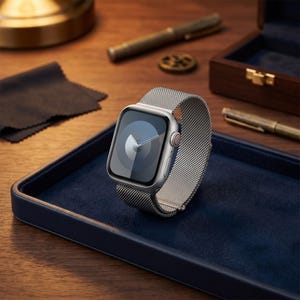 May include: A silver smartwatch with a mesh band rests on a navy blue tray. The watch face displays a clock with hands. The background includes pens, a small wooden box, and a dark cloth, all on a wooden surface.