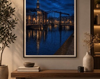 Nighttime Canal Cityscape Poster | European Bridge Reflection Schiedam