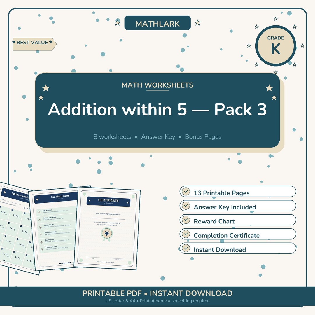 Grade K Math Worksheets | Addition Within 5 — Pack 3 Printable PDF Pack ...