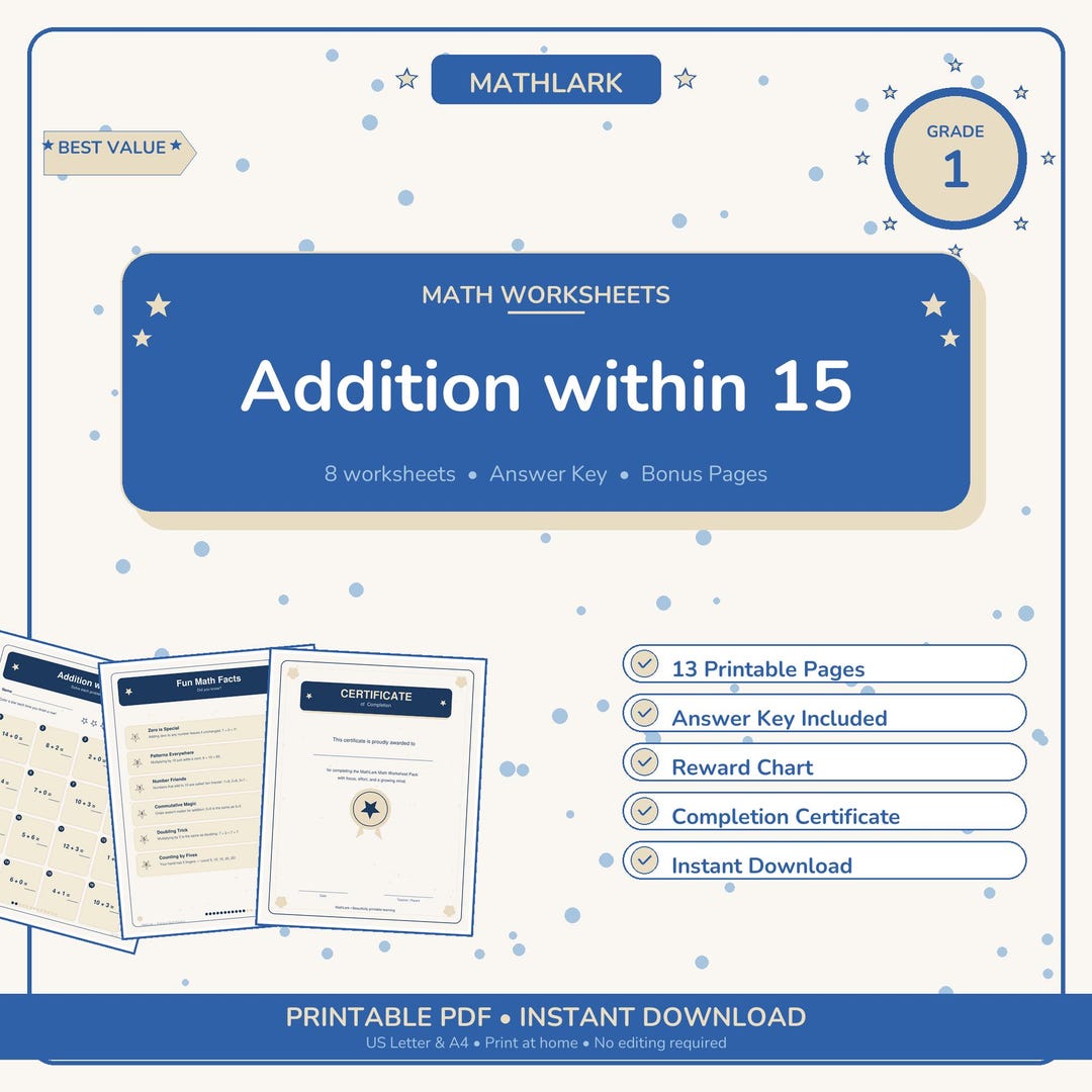 Addition Within 15 | Grade 1 Math PDF | Reward Chart Included - Etsy