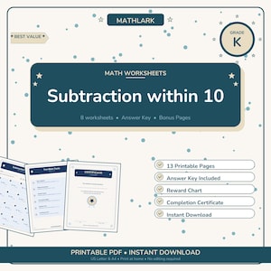 May include: A teal and white math worksheet set for kindergarten. The title reads "Subtraction within 10" with 8 worksheets, an answer key, and bonus pages. Includes a certificate, reward chart, and instant download.