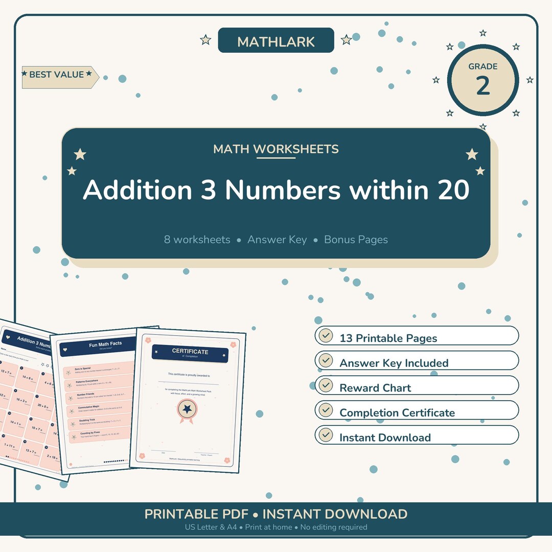 Grade 2 Addition 3 Numbers Within 20 Worksheet | Printable Math ...