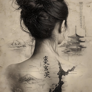 May include: A sepia-toned illustration of a person's back and head, with dark hair styled in a bun. The back features a map of Japan and Japanese calligraphy. A pagoda and mountains are in the background.