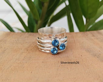 Sterling Silber Blautopas Spinner Ring, gehämmert Boho Statement Band