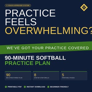 Könnte beinhalten: Eine marineblaue Grafik mit weißem und gelbem Text mit der Aufschrift „PRACTICE FEELS OVERWHELMING?“. Das Bild wirbt für einen 90-minütigen Softball-Trainingsplan mit 8 Übungen und 5 druckbaren Seiten. Enthält „Druckbares PDF“ und „Sofort-Download“.