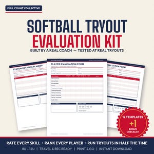 May include: A softball tryout evaluation kit featuring three white paper templates with dark blue and red text. The forms include a station rotation planner and player evaluation forms with rating scales, skill categories, and a red bonus badge.