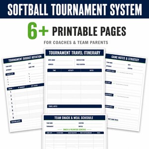May include: A collection of printable pages for softball tournament organization. The pages include a dugout rotation, travel itinerary, game notes, and a snack and meal schedule. The title reads "Softball Tournament System" with the text "6+ Printable Pages for Coaches & Team Parents."