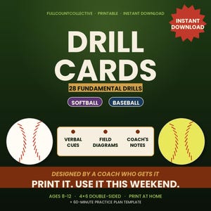 Puede incluir: Tarjetas de ejercicios imprimibles para softbol y béisbol, diseñadas por un entrenador. Las tarjetas incluyen 28 ejercicios fundamentales, indicaciones verbales, diagramas de campo y notas del entrenador. Las tarjetas miden 10x15 cm, de doble cara, para edades de 8-12 años.