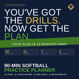 Könnte beinhalten: Eine marineblaue Grafik mit weißem und gelbem Text, der lautet: "YOU'VE GOT THE DRILLS. NOW GET THE PLAN." Darunter steht: "YOUR PLAN IS 10 MINUTES AWAY." Die Grafik wirbt für einen 90-Minuten-Softball-Trainingsplaner.