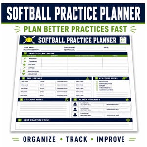 May include: A softball practice planner with a dark blue and green header that reads "SOFTBALL PRACTICE PLANNER". The planner includes sections for practice plan timeline, drill details, key focus areas, coaching notes, and player highlights. The text "ORGANIZE • TRACK • IMPROVE" is at the bottom.