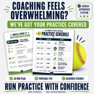 May include: A softball practice guide with the text "Coaching Feels Overwhelming?" and "Run Practice with Confidence." The guide includes a 60-minute practice schedule, drills, and is beginner-friendly. A yellow softball is in the image.