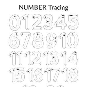 Op de afbeelding: Een zwart-wit werkblad getiteld "NUMBER Tracing" met de cijfers 0-20 met stippellijnen om te traceren. Elk nummer heeft pijlen en genummerde stippen om het traceren te begeleiden. Geschikt voor jonge kinderen.