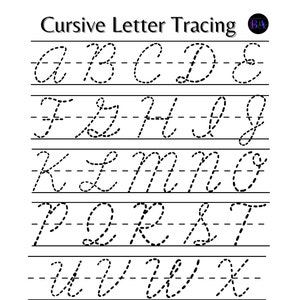May include: Cursive letter tracing worksheet with dotted lines for practicing cursive handwriting. The alphabet is shown in cursive, starting with A and ending with Z.