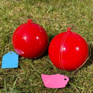 Könnte beinhalten: Zwei leuchtend rote, kugelförmige Ornamente mit weißen Nahtdetails und Aufhängeschlaufen. An jedem Ornament ist ein leeres Etikett befestigt. Die Ornamente liegen auf grünem Gras.