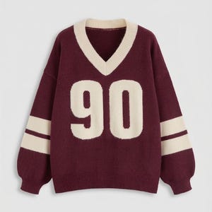 Custom Oversized Vintage Varsity Sweater Unisex Burgundy V Neck Retro Academic Pullover